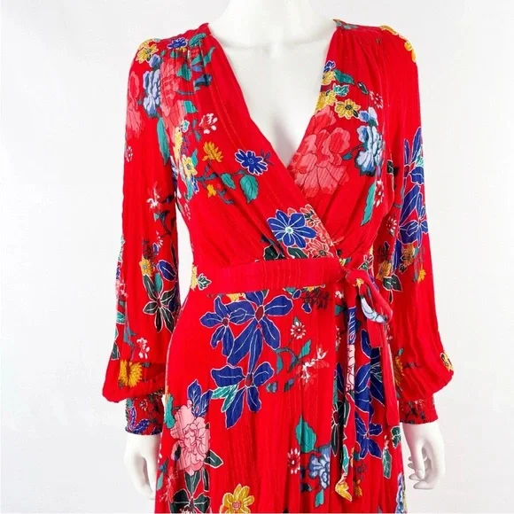 Anthropologie Red Floral Faux-Wrap Dress - Picture 7 of 9